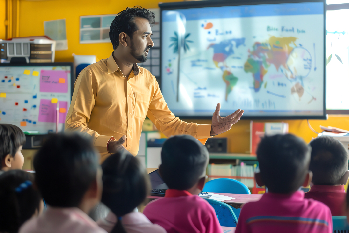 Students collaboratively using an interactive whiteboard in a modern classroom
