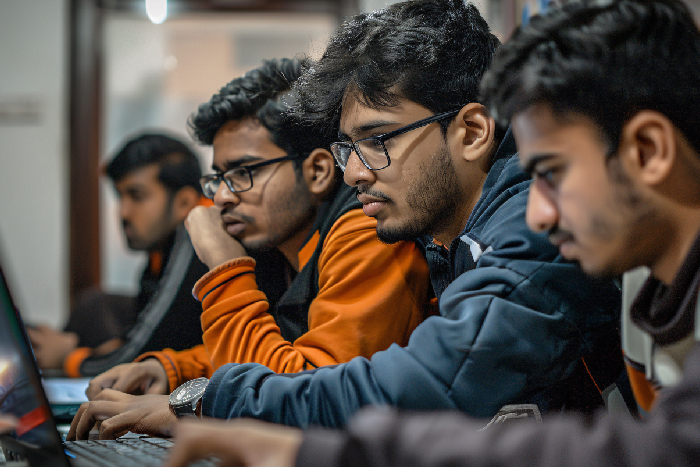 Students working in a high-tech Innovation Lab on a programming project.