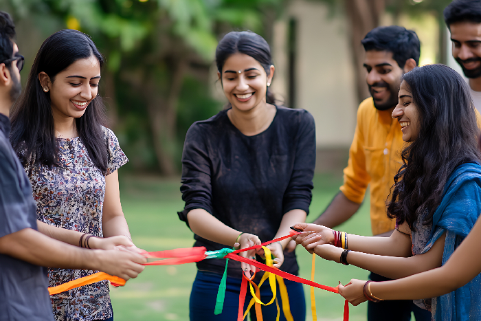 Students participating in a team-building exercise that teaches collaboration and responsibility.