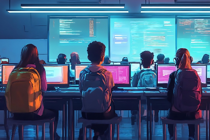 A group of students attending a Cyber Safety workshop in a digital classroom.