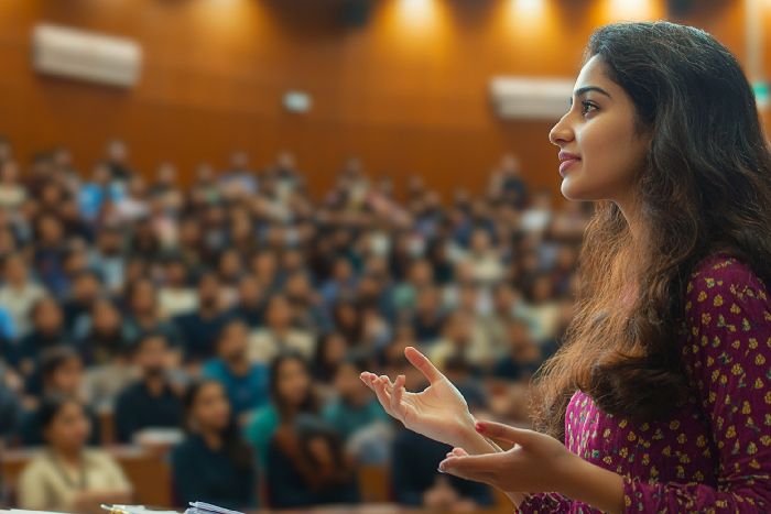 Students participating in a lively, structured debate in a modern school auditorium.