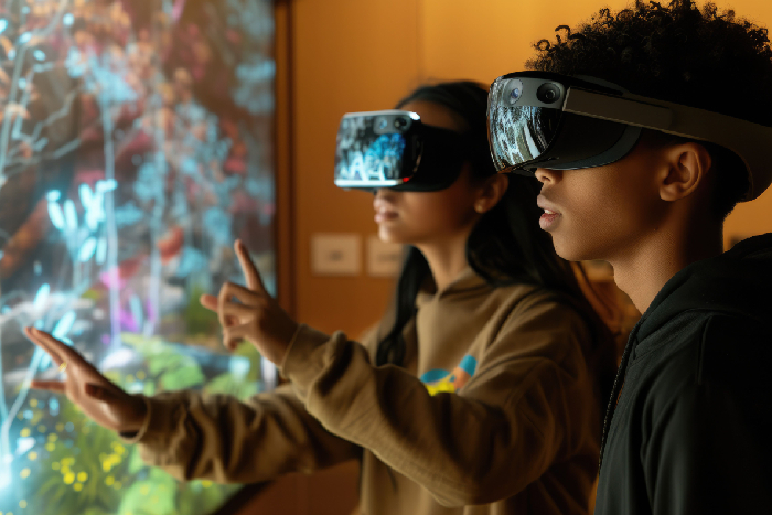 Students using a VR headset in the Innovation Lab for an immersive experience.