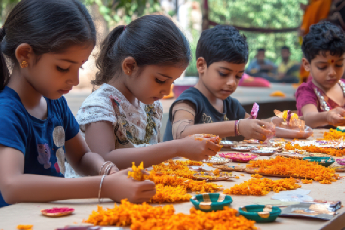 Students participating in a traditional cultural activity at VPLS to learn about Indian values.