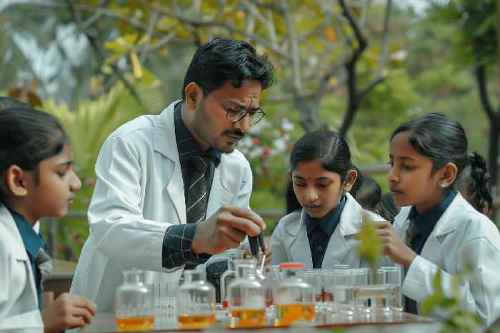 Students conducting an experiment in the high end labs at VPLS Seoni