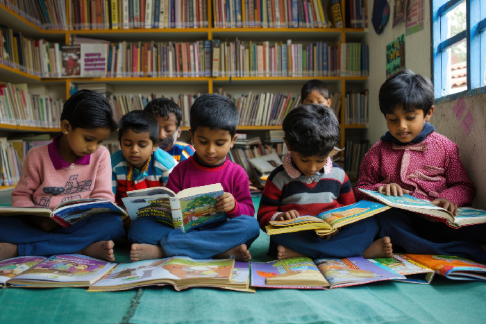 Students exploring books in the spacious and modern school library at VPLS Seoni.