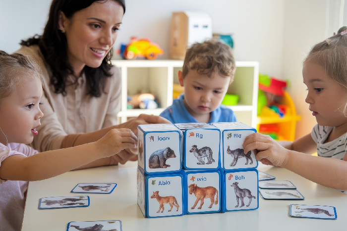 A teacher using visual flashcards to gently guide an elementary student through a vocabulary transition at VPLS Seoni.