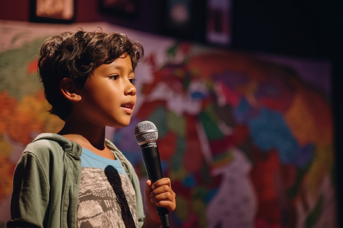 A primary student smiling and reading a morning thought aloud into a microphone during a VPLS Seoni assembly.